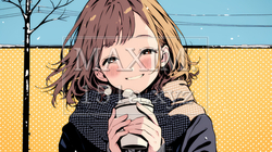 寒い冬、温かい飲み物を手にして、ふっと幸せそうに微笑む若い女性 | 6941033-15304