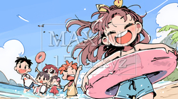 小学生の夏の思い出：海水浴（クレヨン＋水彩画風）