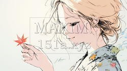落ち葉をつまんで眺める若い女性｜秋を感じる女性のイラスト（パステル調）｜6773134-20489