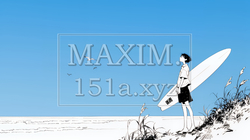 若い女性サーファーと夏のビーチの風景（シンプルな色使い）