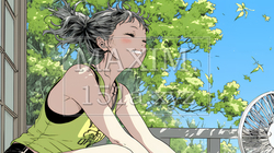 暑い夏の昼下がり、扇風機にあたって涼んでいる若い女性 | 6982831-10745