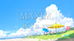 夏の青い空、青い海、白い雲と砂浜のコントラスト（クレヨン＋水彩画風） | 6997815-8752