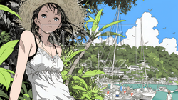 夏の南国の海辺を一人で旅行中の若い女性