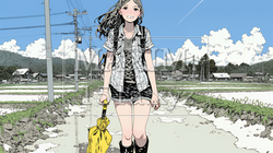 雪解けでぬかるんだ道を歩く若い女性 | 702706-14998