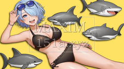 ビキニの女の子とサメがいるシュールな背景画