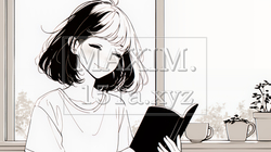 秋の読書を楽しむ若い女性｜静かで落ち着いた秋の日のイラストポートレート（シンプルな色使い）｜7455529-18112