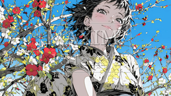 満開の梅の花と和服姿の若い女性 | 7064255-14723