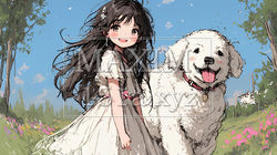 愛犬と散歩をしている女の子（クレヨン＋水彩画風）｜6856349-4002