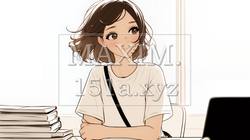 会議で発表している男性に魅了され、新しい恋の予感を抱いた若い女性（シンプルな色使い）