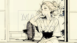 暑い夏の昼下がり、扇風機にあたって涼んでいる若い女性（シンプルな色使い） | 7074664-10709