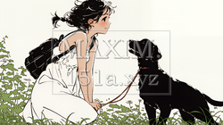 愛犬と散歩している若い女性（シンプルな色使い）｜7066151-10909