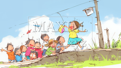 小学生の夏の思い出：みんなで近所の秘境を探検（クレヨン＋水彩画風）