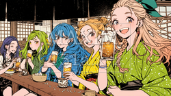 女子会：気の合う女友達が集まり、酒を交わし、おいしい食事をしながら、仕事の話や恋バナをしている
