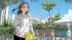 プランターの花に水やりをする若い女性｜ベランダガーデニングと自然を楽しむ爽やかな暮らしシーン | 7090378-17735