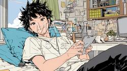 自宅の部屋でスマホをいじくっている若い男性｜7097601-6786