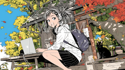 美しい紅葉の中でもPCを手放せない若い女性 | 7098484-6224