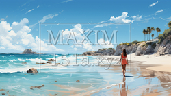 南国の青い空の下、美しい浜辺を歩く若い女性：水彩画 | 7100575-18556