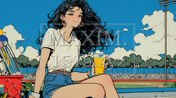 野球などの屋外スポーツを観戦しながら、ビールを楽しむ若い女性。