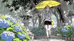 あじさいとカジュアルな服装の若い女性