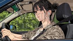 自動車を運転する若い女性｜爽やかで自然なドライブ風景のイラストポートレート｜8569743-18093