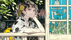 浴衣姿で夕涼みをしている若い女性 | 712175-16318