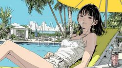 プールサイドのデッキチェアでくつろぐ若い女性｜夏のリゾートとリラックスライフスタイルイメージ | 7127304-17600