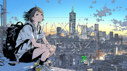 夕暮れ（朝の）都市のランドスケープを眺めている若い女性