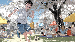 満開の桜の木の下で遊ぶ子供たち｜7152078-9495