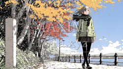 水辺の紅葉の小径を散策している若い女性 | 7154072-5939