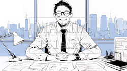 商談：笑顔で事業説明を話しているビジネスパーソン（シンプルな色使い）