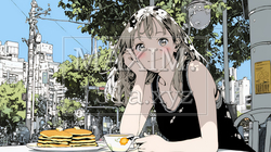 早朝のダイナー（喫茶店）でパンケーキ（モーニングセット）を食べる若い女性｜6481135-15622