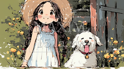 愛犬と散歩をしている女の子（クレヨン＋水彩画風）
