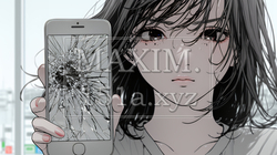 画面が激しく割れているスマートフォンを手にしているいる若い女性