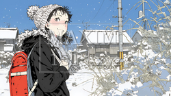 雪の積もる田舎道を歩いている若い女性 | 7170877-13107