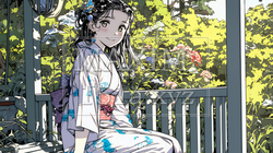 浴衣姿で夕涼みをしている若い女性 | 7184922-16314