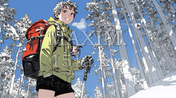 雪の積もる田舎道を歩いている若い女性