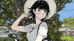 春風に飛ばされそうな帽子を、手で押さえる若い女性 | 7192090-15056