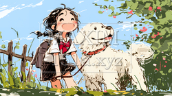 愛犬と散歩をしている女の子（クレヨン＋水彩画風）｜7169237-10916