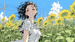 夏の晴天の日、ひまわりの畑を散策している黒髪の若い女性｜7670188-8764