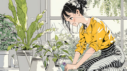 観葉植物の世話をする若い女性 | 7216022-16041