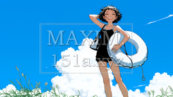 夏休みの思い出：友達と海水浴に行く（シンプルな色使い）