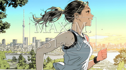 夕方の街並みを背景にジョギングをする若い女性 | 7220257-16429