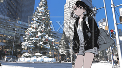 クリスマスイルミネーションが美しい街を散策する若い女性
