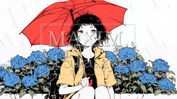 雨の中を歩く女性（シンプルな色使い）