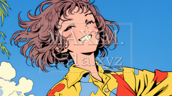 沖縄のかりゆしファッションを着て笑顔いっぱいの若い女性｜