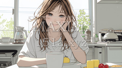 ゆったりした気分で朝食を一人で食べている若い女性