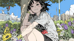 夏の昼、木陰で涼んでいる若い女性