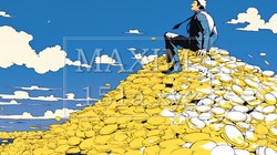 マネーゲームの勝者：金貨の山の登頂に挑み成功した姿で表現 | 7259742-7093