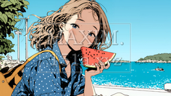 スイカを海辺て食べている若い女性 | 7260322-9894