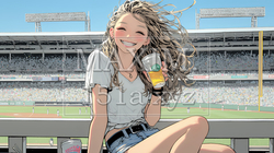 野球などの屋外スポーツを観戦しながら、ビールを楽しむ若い女性。 | 7263912-9552